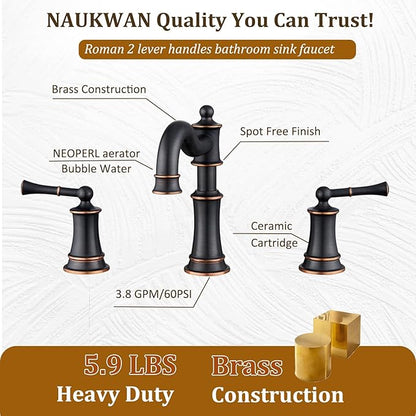 Bathroom Sink Faucet, Roman Stlye Rotated Spout Vanity Basin Faucets 3 Hole 2 Handle 8 inch Widespread Deck Mount Brass Faucet for Sink with Overflow Pop Up Drain Oil Rubbed Bronze NL2204-ORB