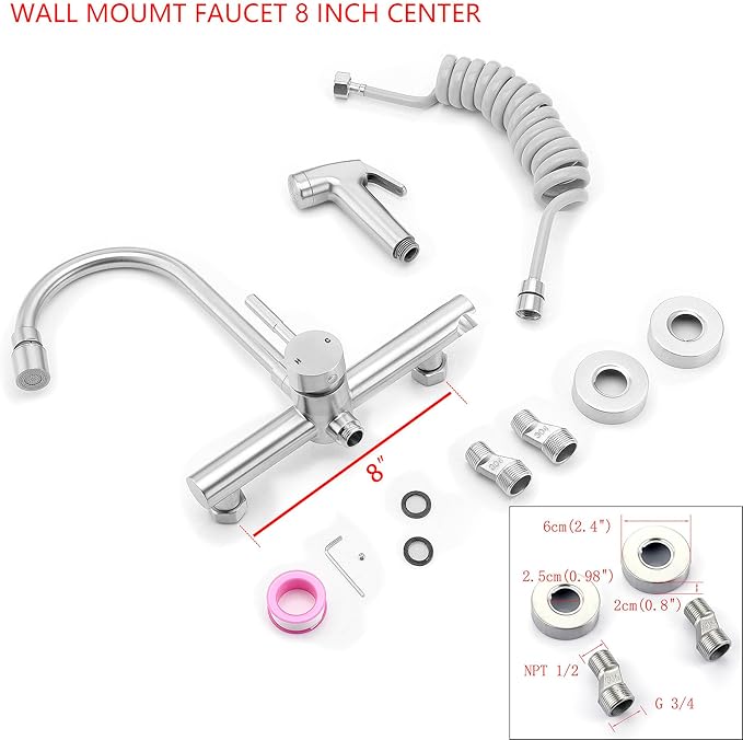 Wall Mount Kitchen Faucet with Side Sprayer, Commercial Sink Faucet 8 Inch Center, 360 Swivel Spout, Dual Functional Sprayer, Utility Sink Mixing, 304 Stainless Steel, Brushed Nickel Finish