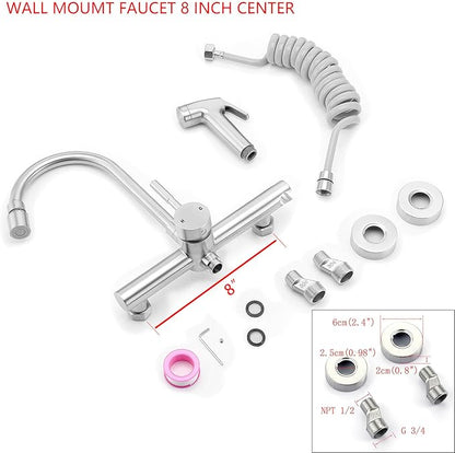 Wall Mount Kitchen Faucet with Side Sprayer, Commercial Sink Faucet 8 Inch Center, 360 Swivel Spout, Dual Functional Sprayer, Utility Sink Mixing, 304 Stainless Steel, Brushed Nickel Finish