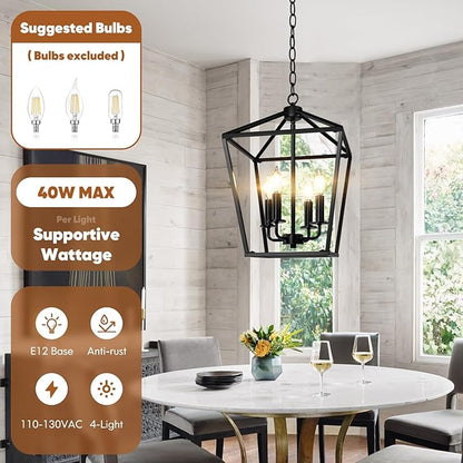 BrightHome Farmhouse Chandelier 4-Light, Black Pendant Light Fixture for Kitchen Island Dining Room, Lantern Industrial Lighting Ceiling Hanging with Metal Cage Adjustable Height for Entryway Foyer
