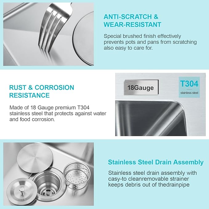Small Kitchen Sink 19x17x9 Inch Drop In Bar Sink - 18 Gauge Brushed Stainless Steel for RV Kitchen, Wet Bar, Outdoor Prep Sink