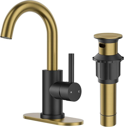 FORIOUS Black and Gold Bathroom Sink Faucet 1 or 3 Hole with Metal Pop Up Drain and Hoses, Single Handle Vanity Faucet for Bathroom Vanity Bar Kitchen RV, 360° Swivel High Arc Spout