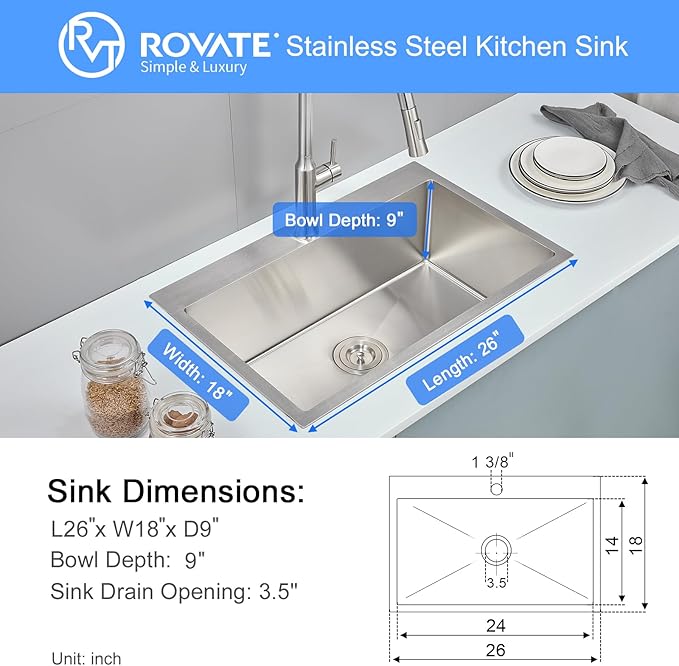 ROVATE 26 ×18 inches Drop-in Kitchen Sink Single Bowl 304 Stainless Steel, Handmade 9 Inches Deep Topmount Kitchen Sink with 1 Hole