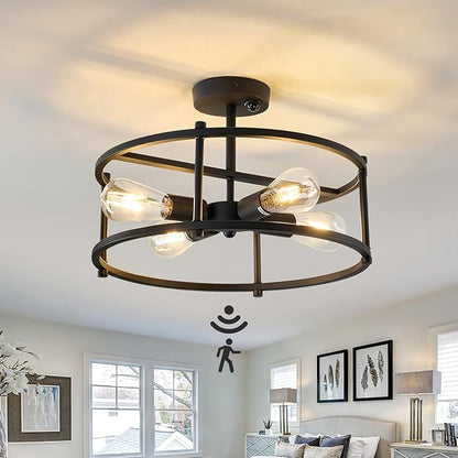 hesoge Motion Sensor Ceiling Light Indoor Industrial 4 Light Semi Flush Mout Ceiling Light Fixture Black Overhead Light for Entryway Hallway Closet Porch Front Farmhouse