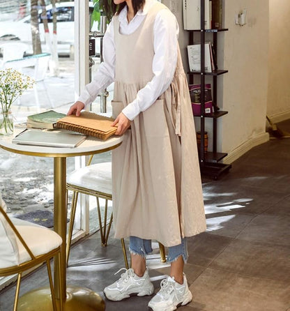 Women Plus Size Cotton Linen Vintage Pleated Split Apron Pinafore Dress with Two Pockets
