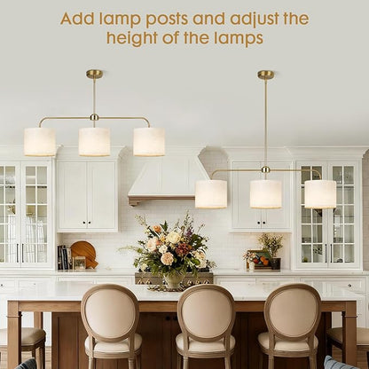 3 Light Gold Linear Chandelier with Linen Beige Drum Shades,Modern Pendant Light Fixture for Kitchen Island,Dining Room,Living Room,Mid-Century Ceiling Light Fixture,Adjustable Height Island Light