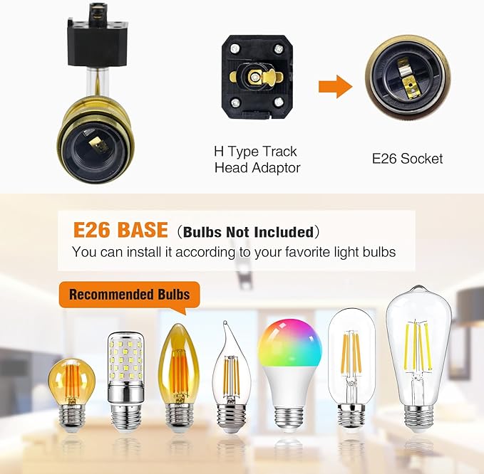 E26 Track Light Heads H Type Track Lighting Heads Direction Adjustable LED Track Lights Fixture Dimmable for Kitchen, Retro Vintage Style, Bulbs Not Included - Pack of 4(Brass)