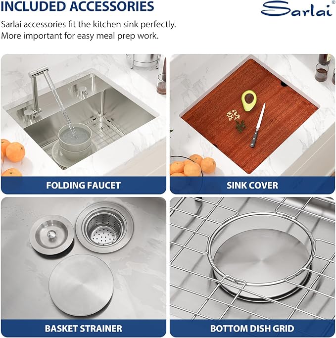 Sarlai Undermount Bar Sink With Foldable Faucet - 21x19 Inch Outdoor Kitchen Sink RV Workstation 16 Gauge Stainless Steel Single Bowl Handmade Outdoor BBQ Sinks
