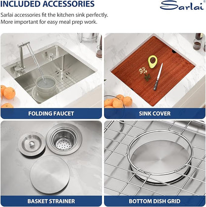 Sarlai Undermount Bar Sink With Foldable Faucet - 21x19 Inch Outdoor Kitchen Sink RV Workstation 16 Gauge Stainless Steel Single Bowl Handmade Outdoor BBQ Sinks