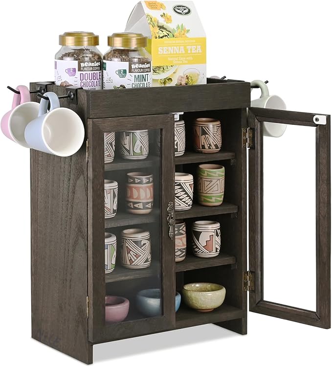 Ikee Design Small Wooden Countertop Storage Cabinet with Adjustable Shelves and Removable Hooks, Perfect for Perfume, Pantry, Essential Oil, 10.4W x 6.1D x 14.4H in, Dark Brown