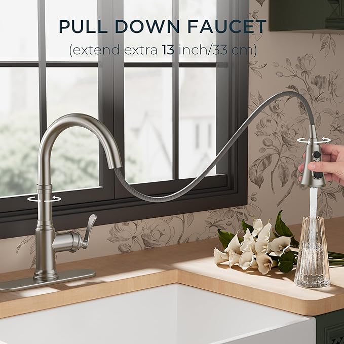 FORIOUS Antique Kitchen Faucets with Pull Down Sprayer Brushed Nickel, 3 in 1 Stainless Steel High Arc Single Handle Sink Faucet for Farmhouse Camper Rv Bar, Fit for 1 or 3 Hole