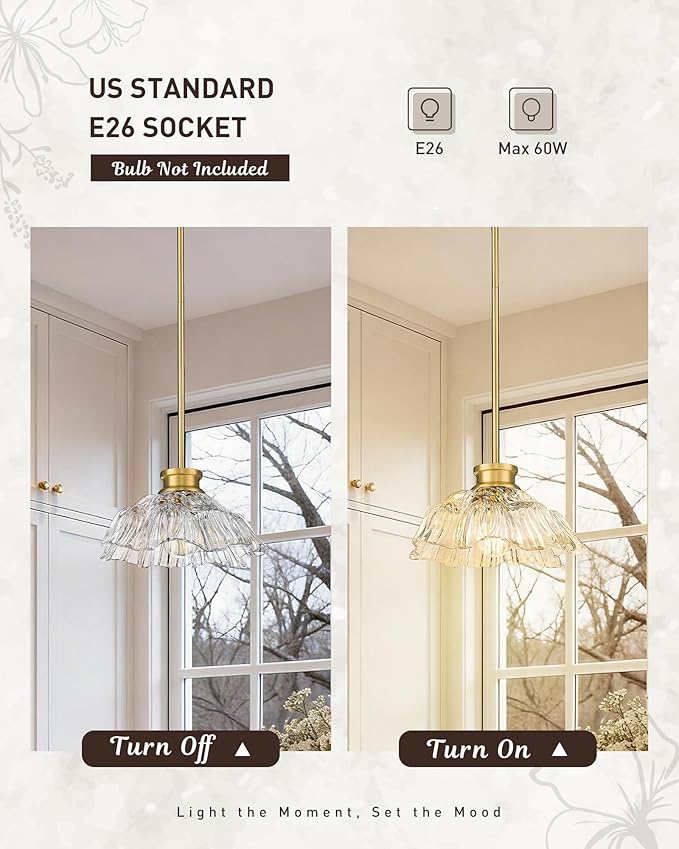 Gold Pendant Light, HWH Kitchen Island Lighting for Living Rooms, Dining Room, Modern Pendant Light Fixture with Clear Flower Glass, Brushed Gold Finish, 5HJX112MIL BG