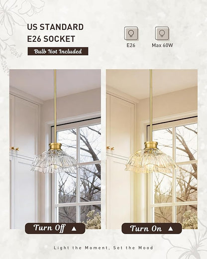 Gold Pendant Light, HWH Kitchen Island Lighting for Living Rooms, Dining Room, Modern Pendant Light Fixture with Clear Flower Glass, Brushed Gold Finish, 5HJX112MIL BG