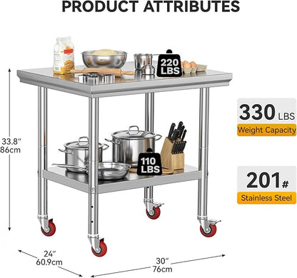 DWVO 30x24in Stainless Steel Table, NSF Metal Prep Worktable with Adjustable Shelf & Wheels for Kitchen Restaurant Hotel Garage Warehouse Home