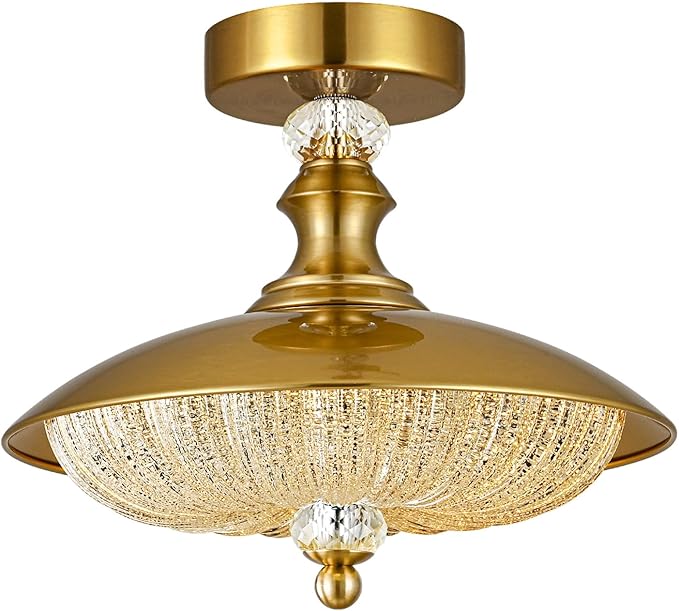 Vintage Semi Flush Mount Ceiling Light, Gold 12 Inch K9 Crystal Glass Shade, Brushed Copper Finish, 5-Light Flush Mount Lamp Mid Century Industrial for Bedroom Foyer Hallway Dining Kitchen Entryway