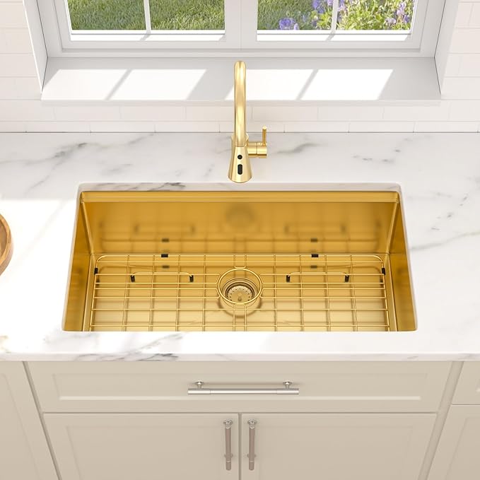 Dcolora 33 In. Gold Undermount Kitchen Sink, Workstation with Valued Accessories, Heavy Duty 16 Gauge 304 Stainless Steel Luxury Gold Nano-PVD, 33"x19"x10" Large Single Bowl #DC-U2533006GW