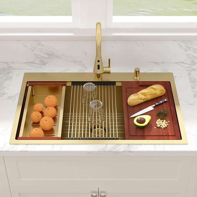 Sarlai 33 Gold Kitchen Sink with Faucet- 33x22 Inch Drop In Kitchen Sink Single Bowl Topmount Gold Ledge Workstation Sinks 16 Gauge Stainless Steel Sinks with Pull-out Faucet