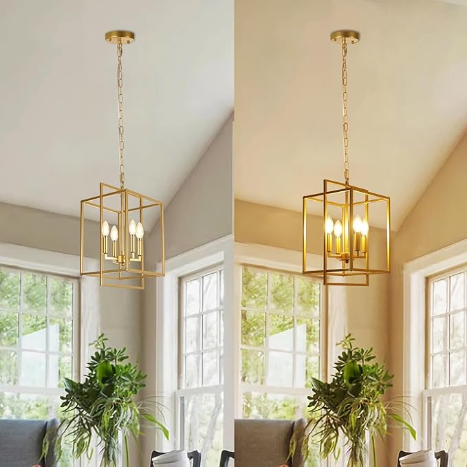 Modern Farmhouse Gold Chandelier, 4-Light Rustic Geometric Chandeliers for Dining Room, Adjustable Metal Hanging Pendant Light Fixture for Entryway Foyer Kitchen Island Hallway