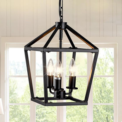3-Light Black Pendant Lights Kitchen Island, 11 Inch Farmhouse Pendant Light, Adjustable Height Iron Lantern Black Pendant Light Fixtures, Cage Farmhouse Chandelier Island Lights for Kitchen Foyer