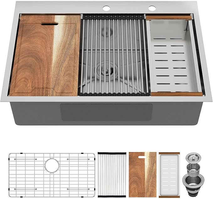 33x22 Drop In Kitchen Sink Workstation - MERYIAO 33 Inch Stainless Steel Sinks Topmount 16 Gauge Single Bowl Above Counter 9" Deep Sinks with Accessories