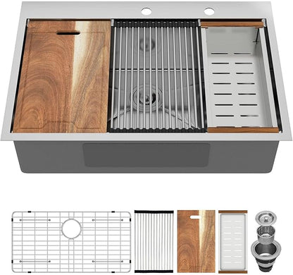 33x22 Drop In Kitchen Sink Workstation - MERYIAO 33 Inch Stainless Steel Sinks Topmount 16 Gauge Single Bowl Above Counter 9" Deep Sinks with Accessories