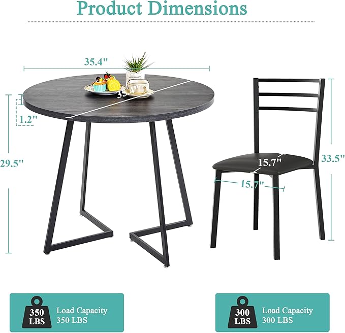 VECELO Round Dining Table Set for 4, Wood Tabletop & Heavy-Duty Steel Frame, 7-Piece Dinette with Chairs for Kitchen, Breakfast Nook, Dark Grey & Black