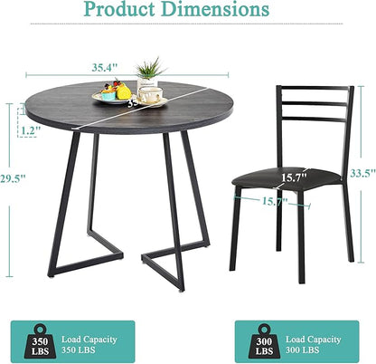 VECELO Round Dining Table Set for 4, Wood Tabletop & Heavy-Duty Steel Frame, 7-Piece Dinette with Chairs for Kitchen, Breakfast Nook, Dark Grey & Black