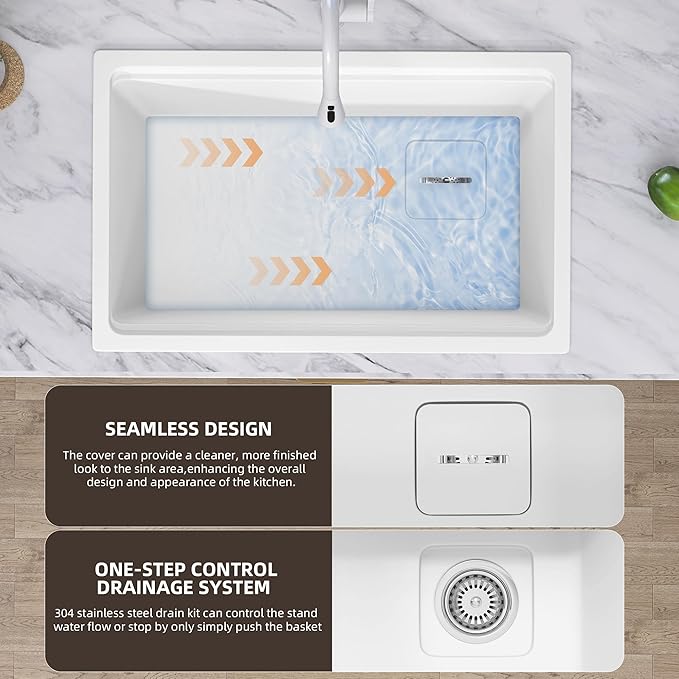 White Undermount Kitchen Sink 30 x19 Granite Composite Kitchen Sink Single Bowl Deep Drop-in Undermount Workstation Sink with Accessory Kit