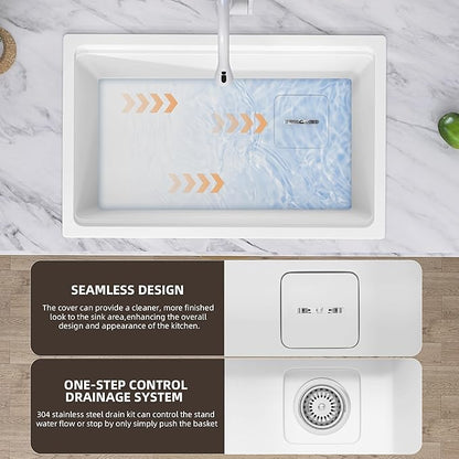 White Undermount Kitchen Sink 30 x19 Granite Composite Kitchen Sink Single Bowl Deep Drop-in Undermount Workstation Sink with Accessory Kit