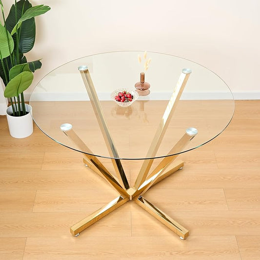 SSLine 45.2" Round Glass Dining Table for 4 Modern Circle Glass Tabletop Kitchen Table for 4 Luxury Dinner Tables with Gold Metal Legs for Home Kitchen Dining Room(Table Only)