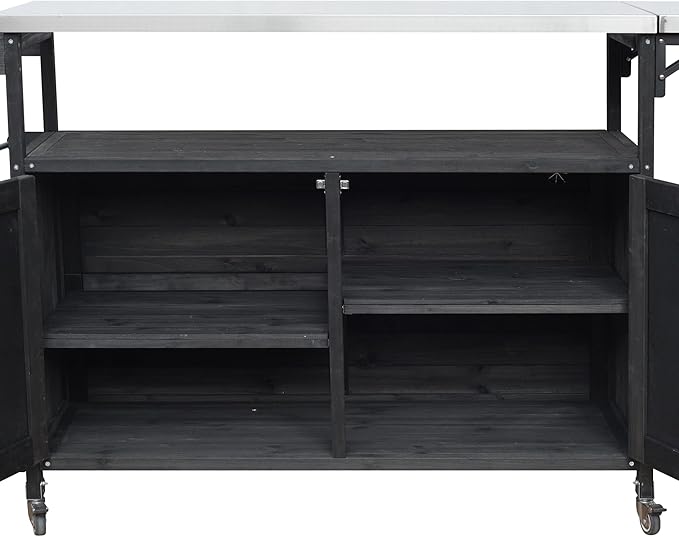 MERITLINE Foldable Outdoor Kitchen Island with Stainless Steel Top & Fir Wood Frame, Adjustable Hidden Shelf & Two-Tier Rack, Lockable Casters for Patio, Garden, Balcony, Black