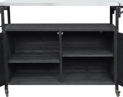 MERITLINE Foldable Outdoor Kitchen Island with Stainless Steel Top & Fir Wood Frame, Adjustable Hidden Shelf & Two-Tier Rack, Lockable Casters for Patio, Garden, Balcony, Black