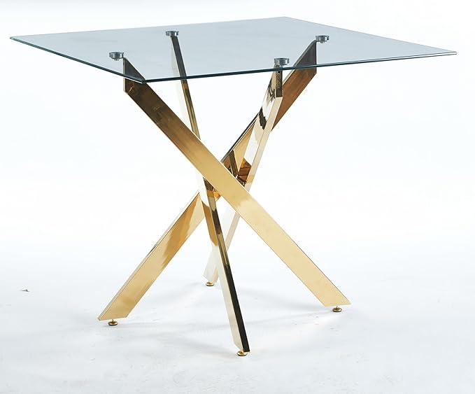 36" Square Dining Table for 2 3 4 People, Modern Dining Table with Gold Chrome Metal X-Shaped Legs, Small Glass Kitchen Tables Family Dinner Tables for Home Office Living Room