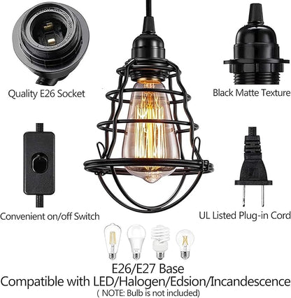 Asnxcju Industrial Plug in Pendant Light Vintage Hanging Cage Pendant Lighting E26 E27 Mini Pendant Light Edison Plug in Light Fixture On/Off Switch 2 Pack