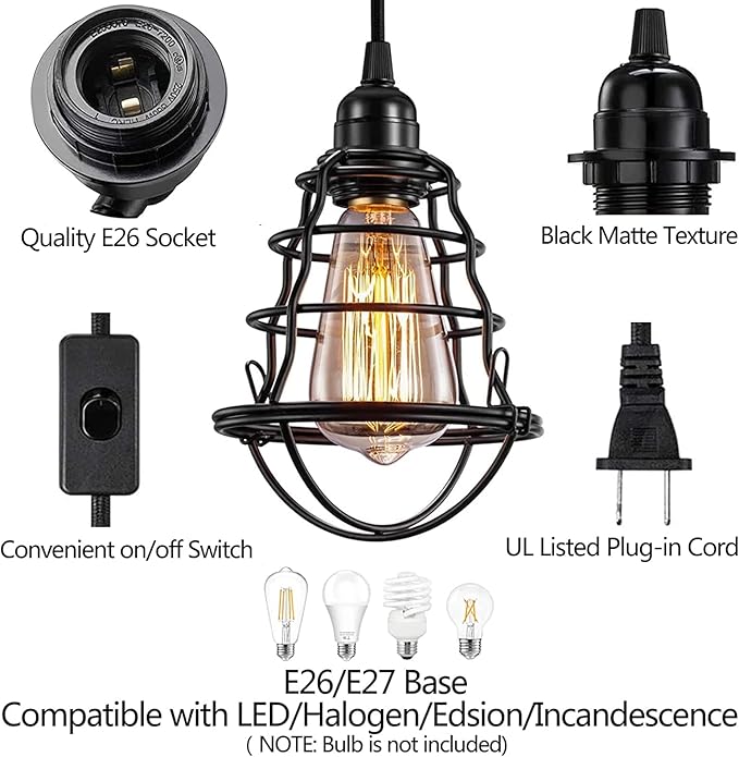 Asnxcju Industrial Plug in Pendant Light, Vintage Hanging Cage Pendant Light with Plug in Cord, Farmhouse E26 E27 Edison Pendant Lighting with On/Off Switch for Living Room Dining Room
