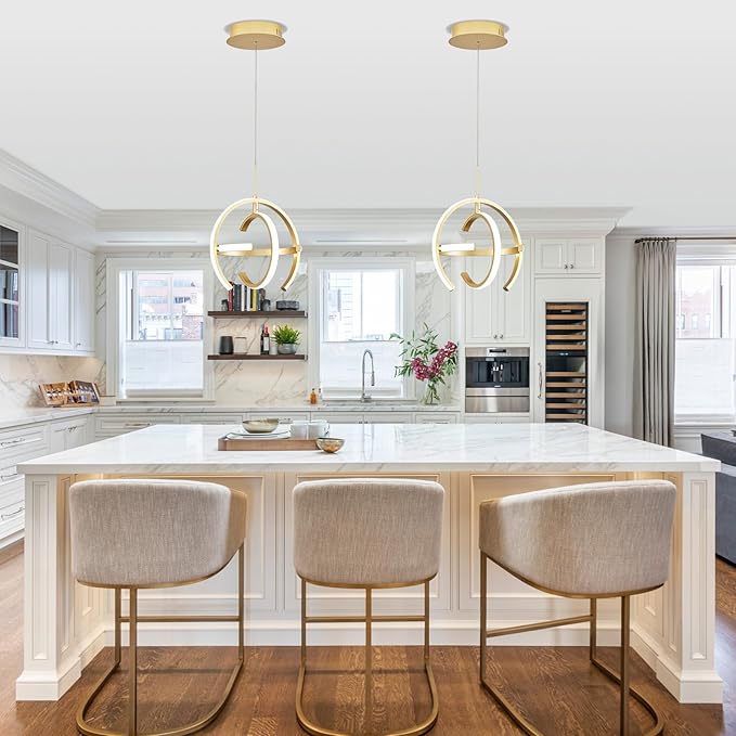 Modern Gold LED Chandelier, Globe 4000K Pendant Light Fixture, Round Adjustable Height Dining Room Hanging Light for Kitchen Island Bedroom Hallway Foyer(11.81 Inch)