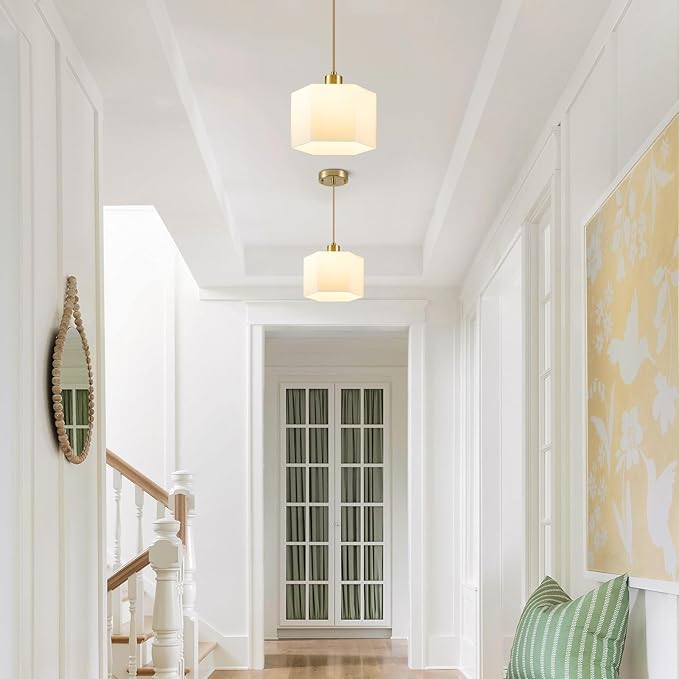 XSDeTu Milk Glass Pendant Lights Kitchen Island 2 Pack, Modern Gold Hanging Light Fixture, Mid-Century Hexagonal Ceiling Lamp, Mini Farmhouse Chandelier for Dining Room Sink Bathroom Bedroom Hallway