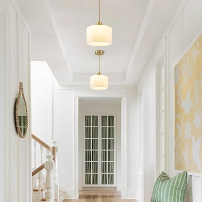 XSDeTu Milk Glass Pendant Lights Kitchen Island 2 Pack, Modern Gold Hanging Light Fixture, Mid-Century Hexagonal Ceiling Lamp, Mini Farmhouse Chandelier for Dining Room Sink Bathroom Bedroom Hallway