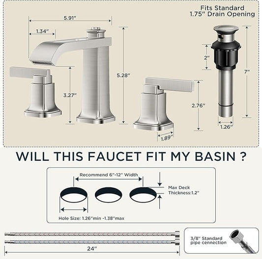 FORIOUS Brushed Nikcel Bathroom Faucet, 8 Inch Widespread Bathroom Vanity Faucets 3 Hole with Metal Pop Up Drain, Unique Waterfall Design