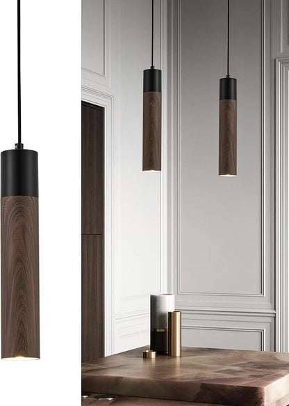 ELYONA Modern Pendant Light Fixtures, Walnut Wood Grain & Matte Black Metal, Industrial Cylinder Hanging Pendant Light for Kitchen Island Dining Room Bedroom Living Room, GU10 LED Bulb Included