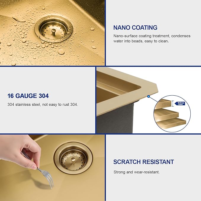 Dcolora 13"x15 Gold Small Bar Sink, Heavy Duty 16 Gauge 304 Stainless Steel, Cover Board for Saving Space, Udnermount Installation Fit for Small Kitchen,Bar, RV, #DC-U2533005GW