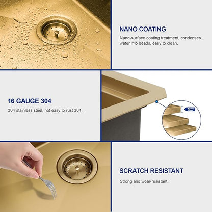 Dcolora 13"x15 Gold Small Bar Sink, Heavy Duty 16 Gauge 304 Stainless Steel, Cover Board for Saving Space, Udnermount Installation Fit for Small Kitchen,Bar, RV, #DC-U2533005GW