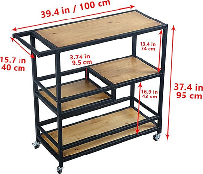 MBQQ Bar and Serving Cart Industrial & Modern Rustic Rolling Bar and Serving Cart,3-Tiered Wood & Metal Kitchen Bar Cart Island with Wheels,Move Storage Coffee/Wine Island Shelf,Black