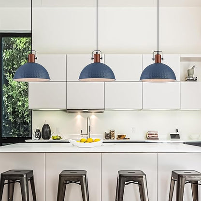 12 Inch Blue Pendant Lights Hammered Matte Pendant Lights for Kitchen Island Industrial Farmhouse Adjustable Height Dome Hanging Light Fixtures for Barn, Dining Room 3 Packs
