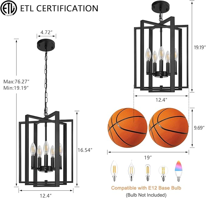 LynPon 12.4" Modern Black Chandelier, 5 Lights Farmhouse Chandelier Foyer Lighting Fixtures Rustic Hanging Pendant Light for Dining Room Kitchen Living Room Bedroom Hallway Stairway Entryway