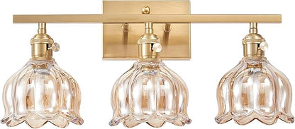 3-Light Amber Tulip Glass Vanity Light, Brushed Gold Vintage Bathroom Wall Sconce, 19.4" Antique Brass Hardwired Wall Lamp for Mirror, Powder Room, Bedroom (Individual Switches, Bulbs Not Included)
