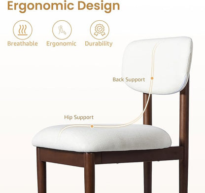 Casaphoria Upholstered Dining Chairs Set of 2, Mid-Century Modern Kitchen Chairs with Solid Wood Legs & Thick Cushion, Ergonomic Fabric Accent Chairs for Dining Room, Vanity & Office, White/Walnut
