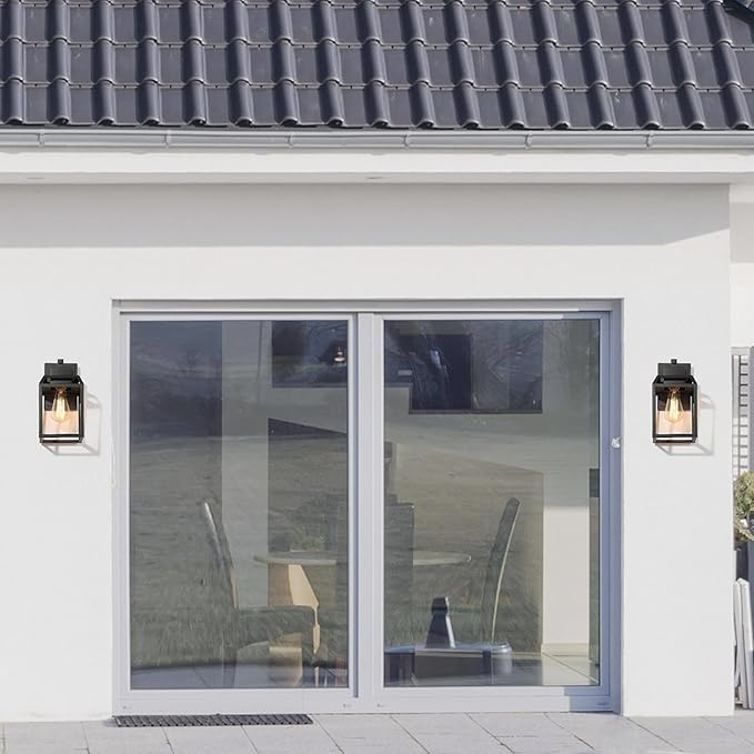 Black Outdoor Wall Lights, Farmhouse Exterior Wall Sconces Light Fixture with Clear Glass, Modern Square Waterproof Lanterns for Front Door, Entry, Porch, Patio, and Gazebo