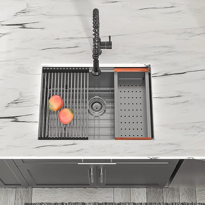 Dcolora 27" Gunmetal Black Stainless Steel Undermount Kitchen Sink Workstation - 16 Gauge Single Bowl Basin (27"x19"x10"), DC-U7707