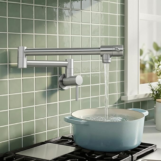 KES Kitchen Pot Filler Folding Faucet Brass Double Joint Swing Arm Sink Faucet Articulating Wall Mount Two Handle Brushed Nickel, KN926LFF18-BN